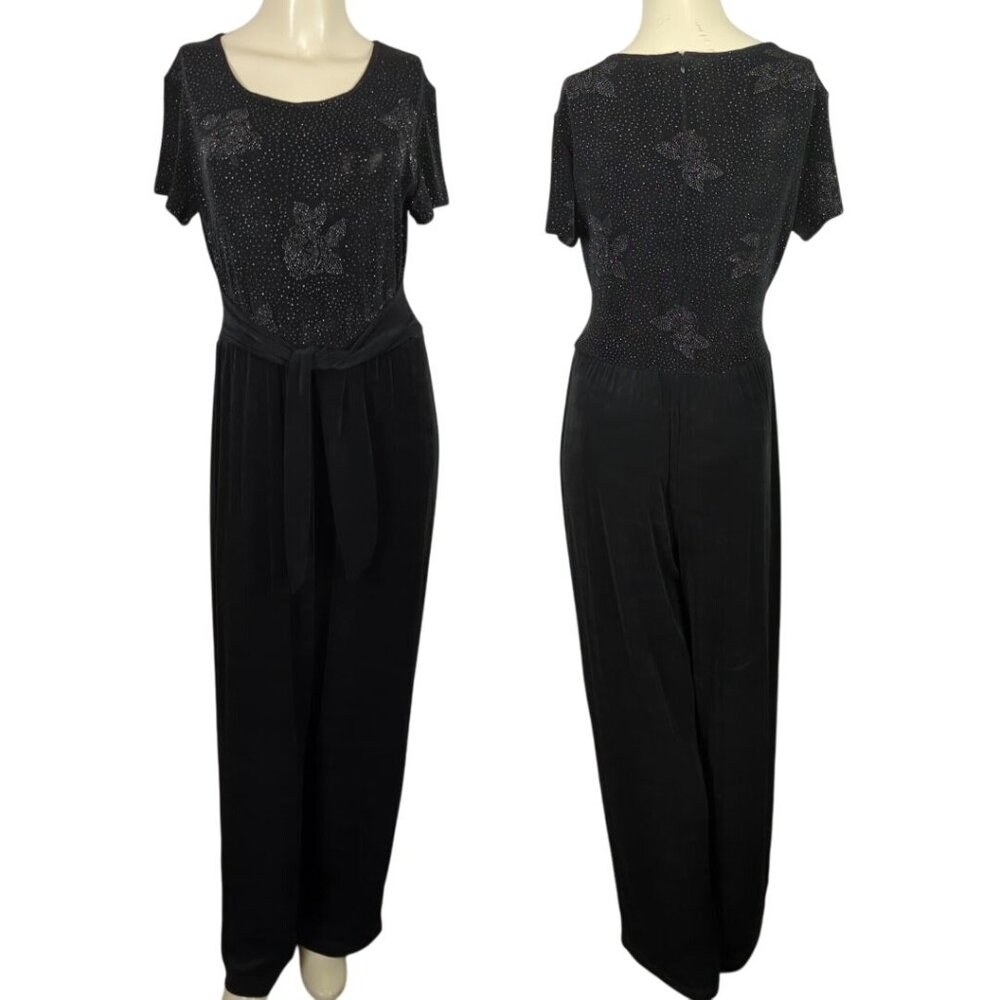 Maggy London Vintage Short Sleeve Floral Sequin Black Belt Elegant Jumpsuit Sz M